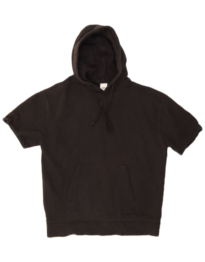 Zara Herren Kurzarm-Hoodie-Pullover aus mittelschwarzer Baumwolle