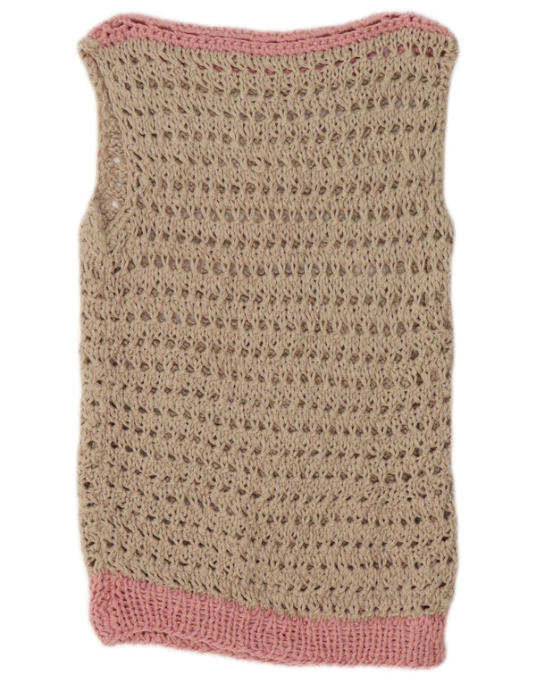 Vintage Damen Häkelweste Tank Top UK 10 Small Beige Colourblock