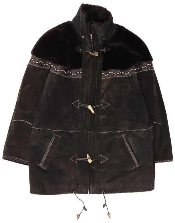 Übergroßer Dufflecoat aus Wildleder für Damen von Yuppie, Gr. 46, groß, schwarz, geometrisch