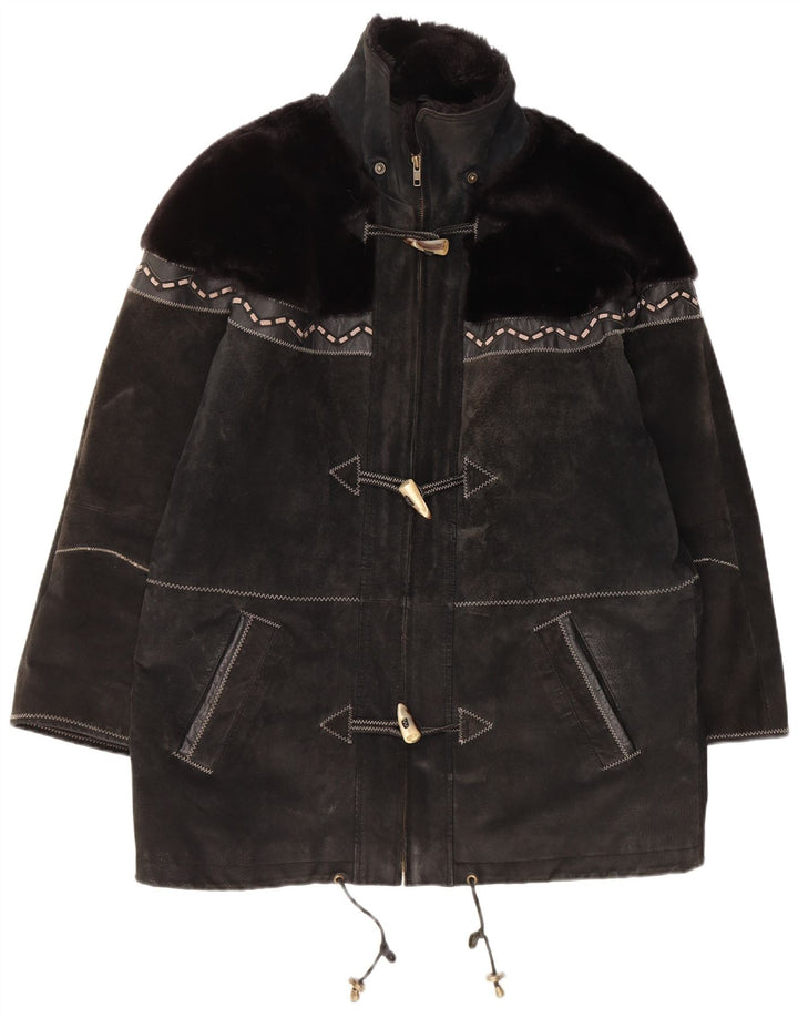 Übergroßer Dufflecoat aus Wildleder für Damen von Yuppie, Gr. 46, groß, schwarz, geometrisch