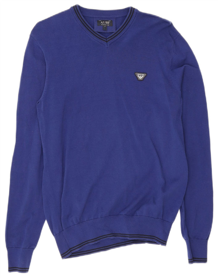 Armani Jeans Herren-Pullover mit V-Ausschnitt, mittelblau, gestreift, Baumwolle
