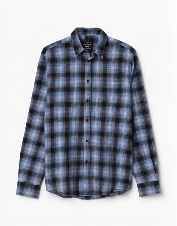 Camargue Herren-Flanellhemd aus mittelblau karierter Baumwolle
