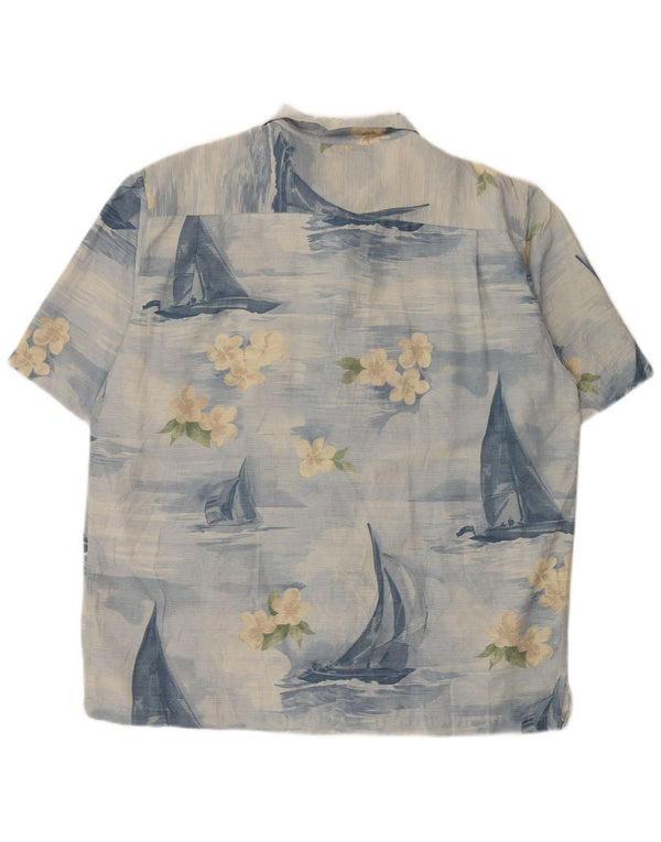 Vintage Herren Kurzarmhemd XL Blau geblümte Seide