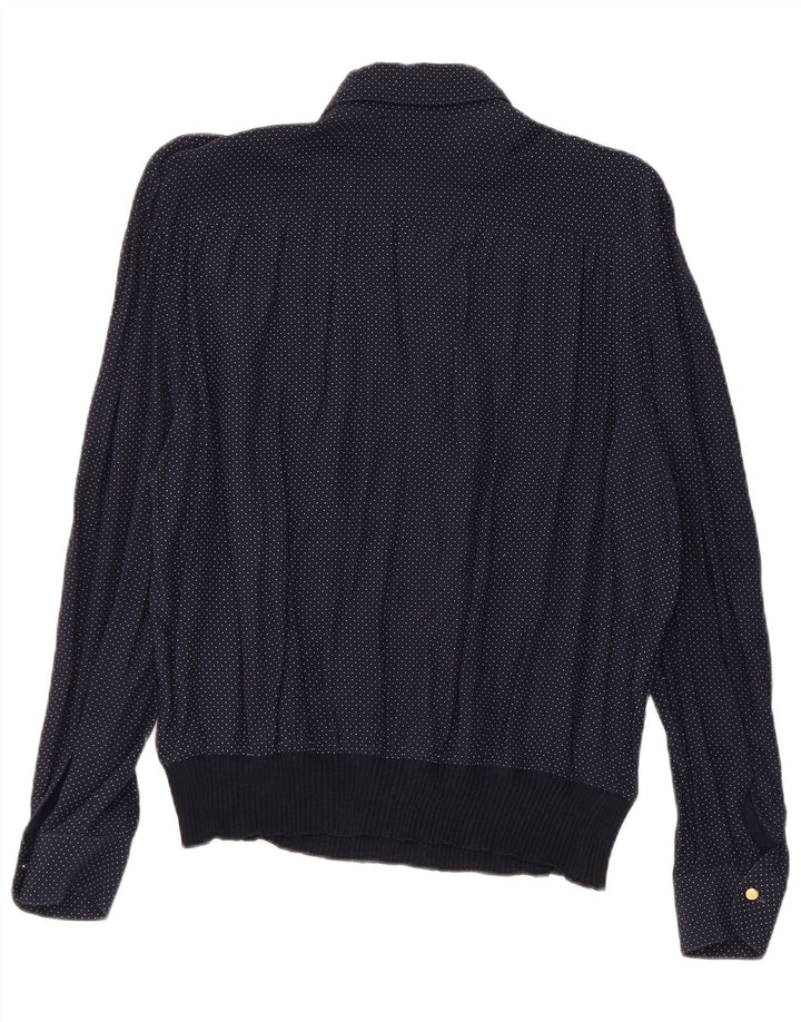 VINTAGE Damen Hemdbluse UK 16 Große marineblau gefleckte Viskose