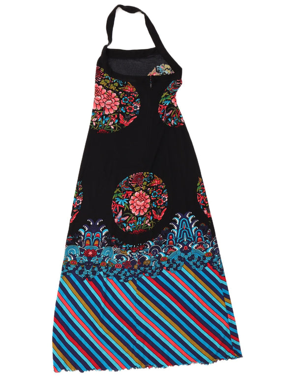 Vintage Damen Maxi Neckholder Kleid UK 10 Small Black Floral