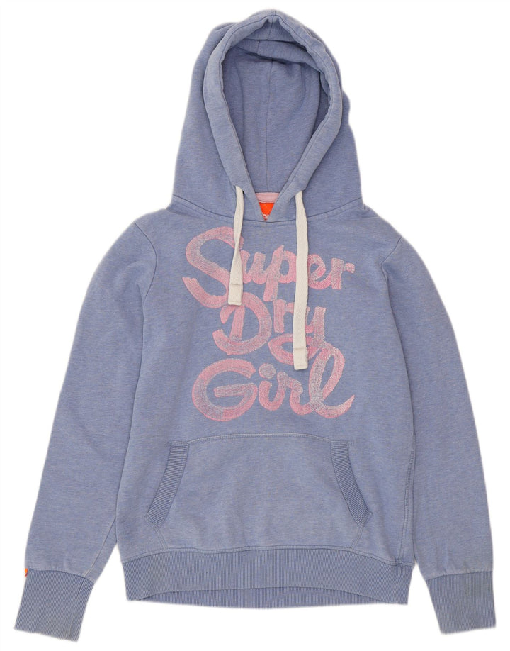 SUPERDRY Damen-Kapuzenpullover mit Grafik, UK 14, mittelblau gefleckte Baumwolle