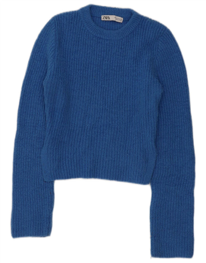 Zara Damen Crop Crew Neck Pullover Pullover UK 12 Mittelblaues Polyester