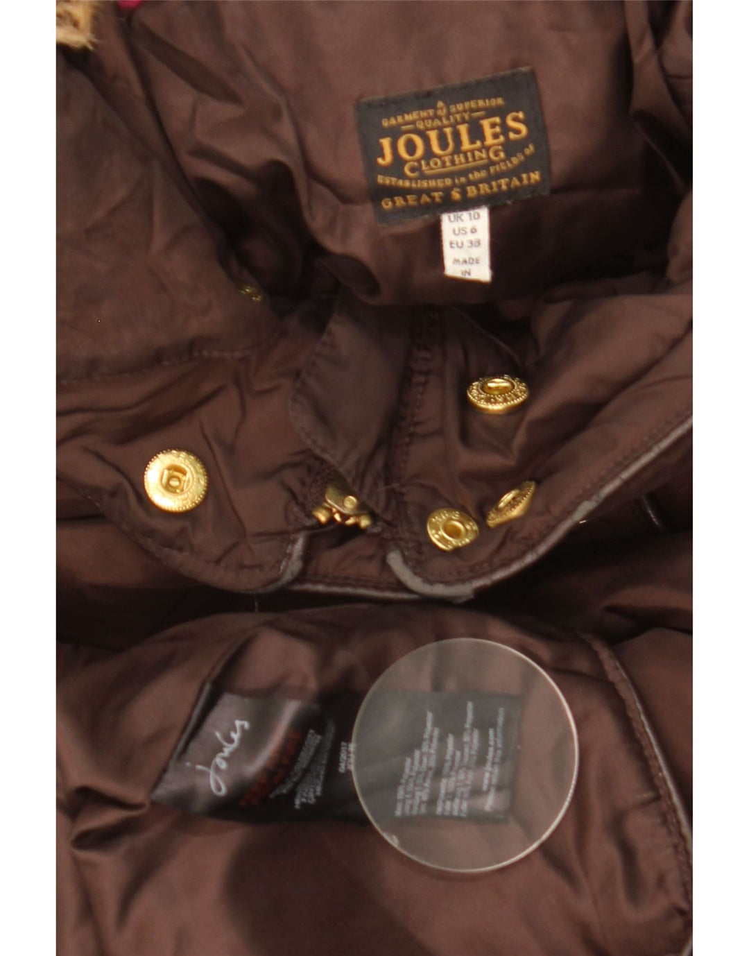 JOULES Wattierter Damenmantel mit Kapuze, UK 10, Größe S, Braun, Polyester