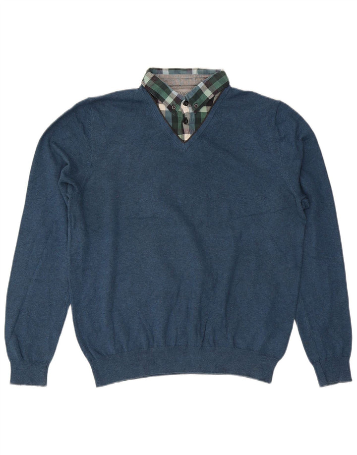 Marks & Spencer Herren-Pullover mit normaler Passform und V-Ausschnitt aus mittelblauer Baumwolle
