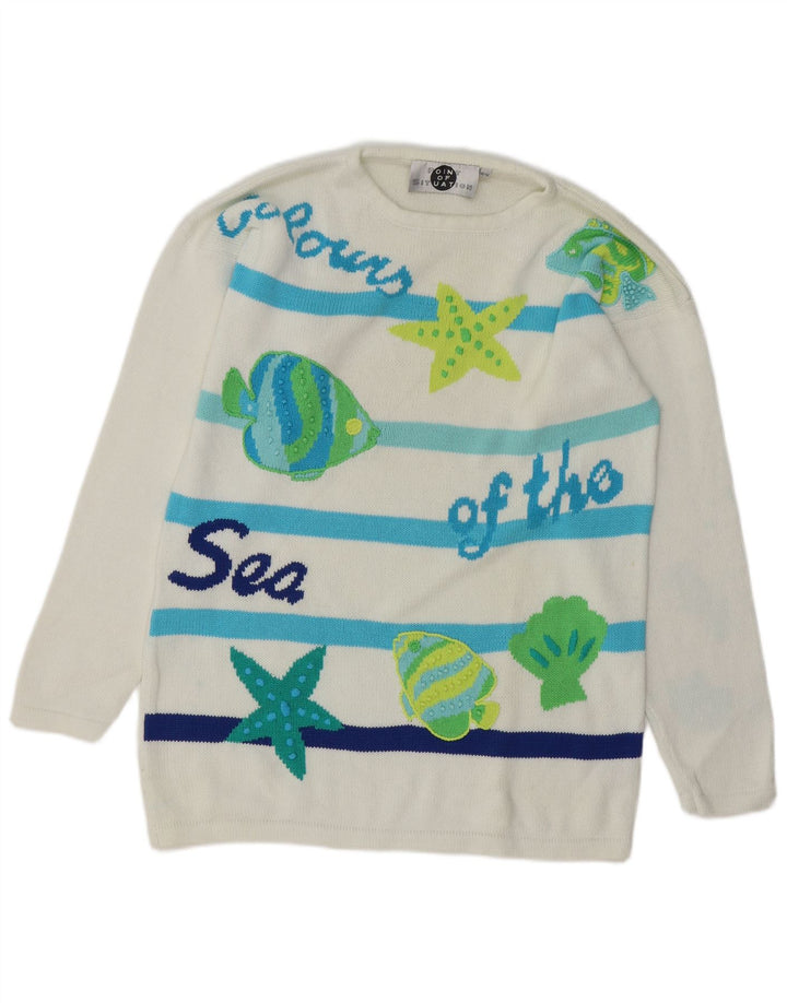 VINTAGE Damen Pullover mit grafischem Rundhalsausschnitt, EU 40, mittelweiß gestreift