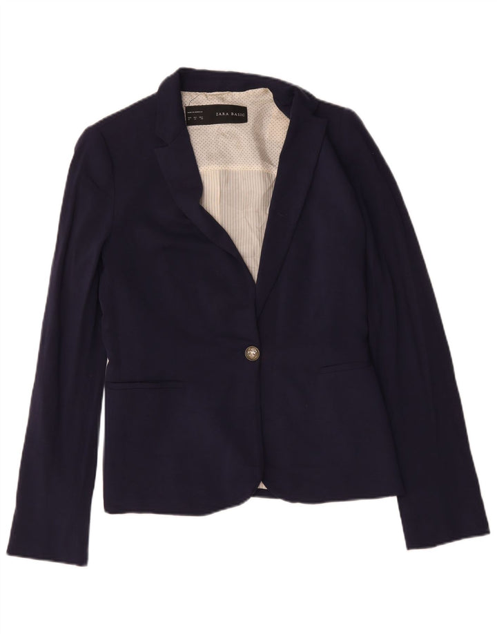 Zara Damen 1-Knopf-Blazerjacke UK 12 Mittelmarineblaue Viskose