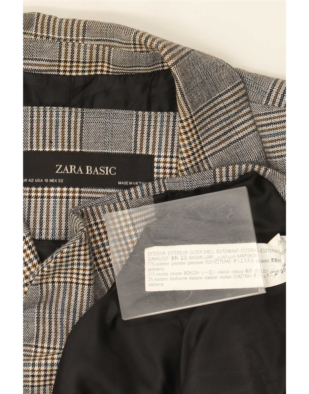 Zara Damen-Blazerjacke mit 1 Knopf, EU 42, großes grau kariertes Polyester