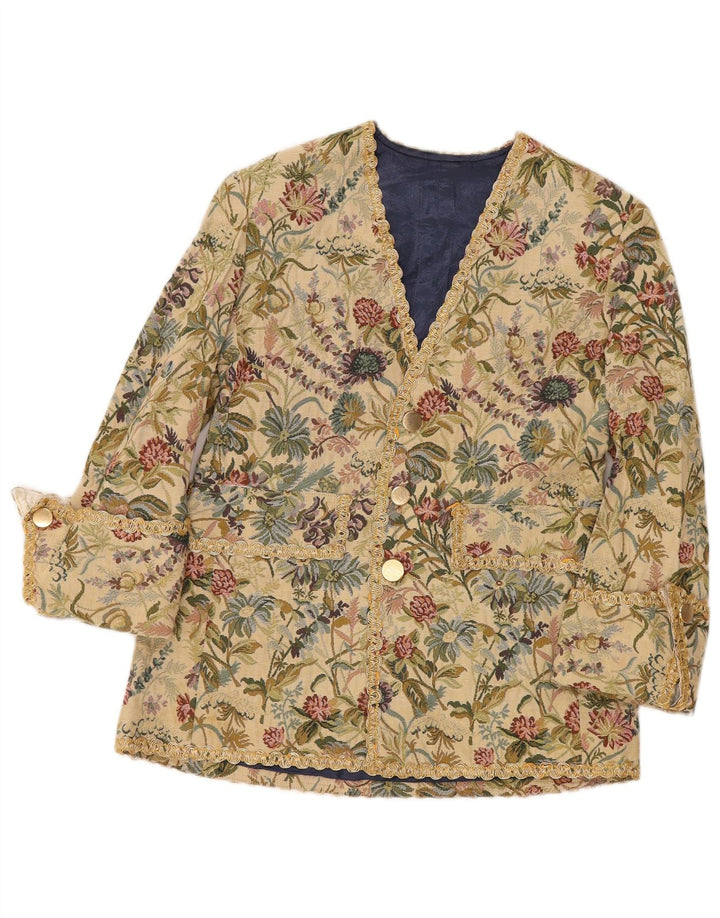 VINTAGE Damen 3-Knopf-Blazerjacke UK 12 Mittelbeige geblümt