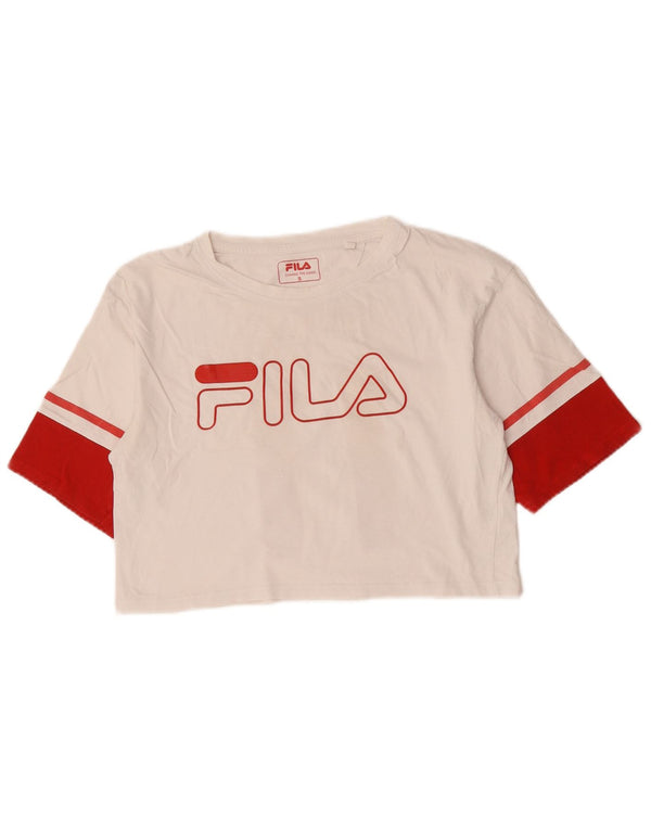 Fila Damen Crop Graphic T-Shirt Top UK 10 Small Weiße Colourblock-Baumwolle