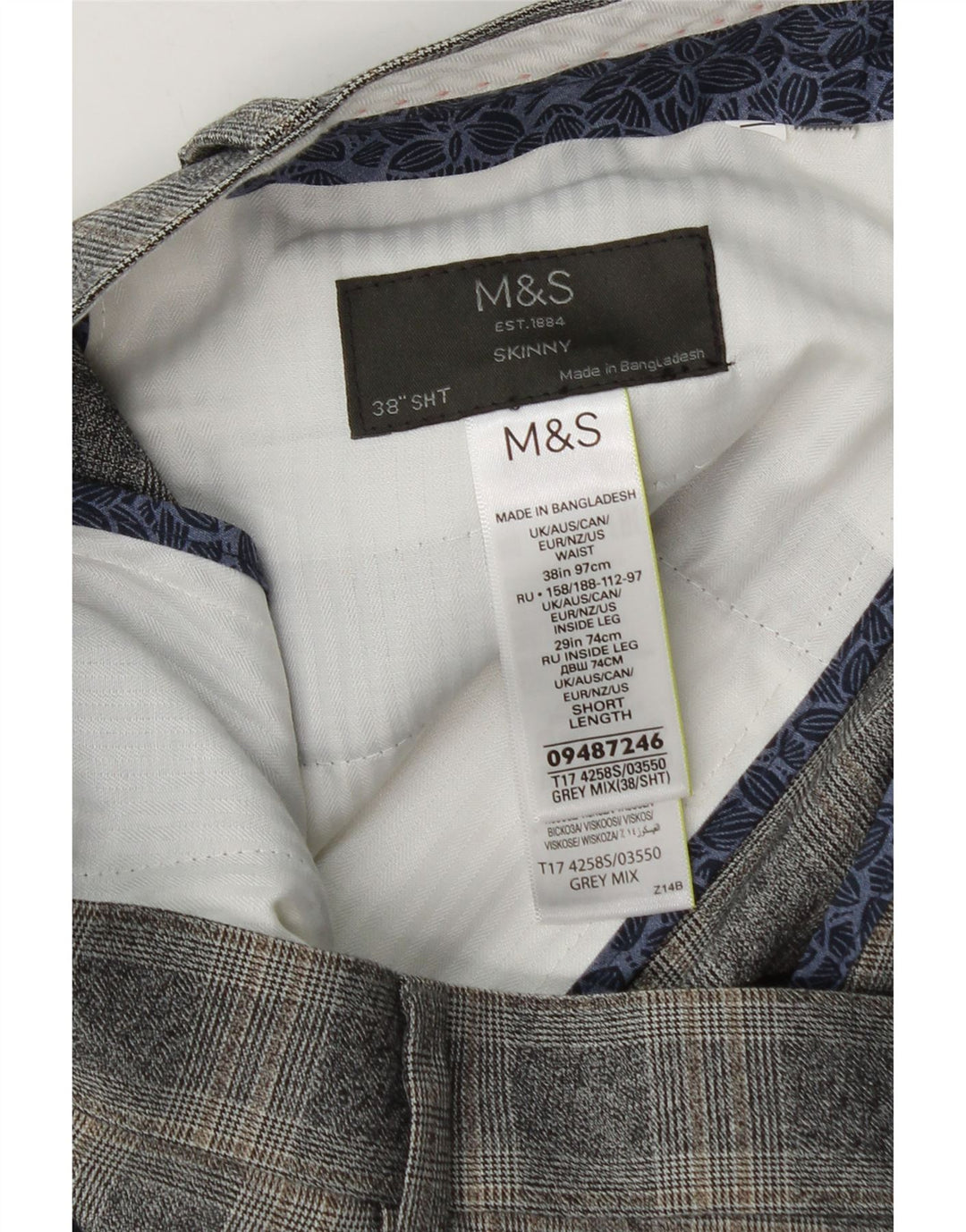 Marks & Spencer Slim-Anzughose für Herren, W38, L29, grau kariertes Polyester