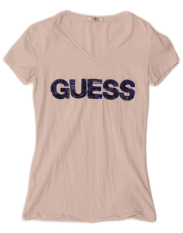 Guess Damen-T-Shirt mit Grafik, UK 4 XS, weiße Baumwolle