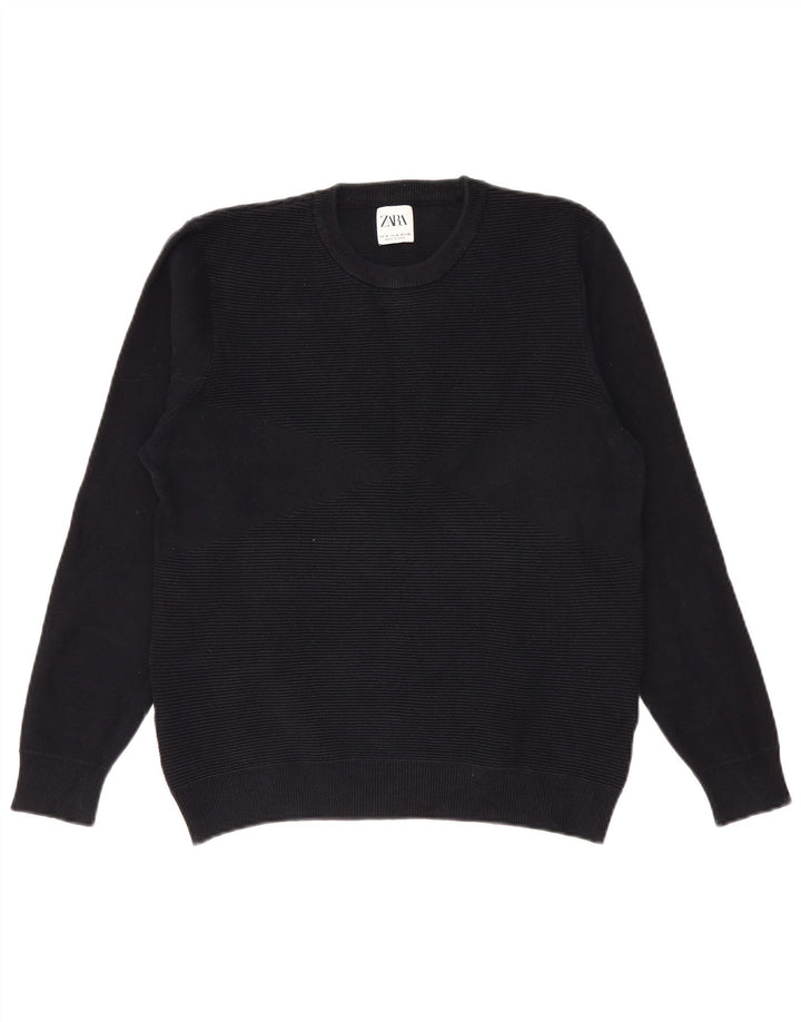 Zara Herren-Pullover mit Rundhalsausschnitt, Mittelschwarz, Nadelstreifen-Baumwolle
