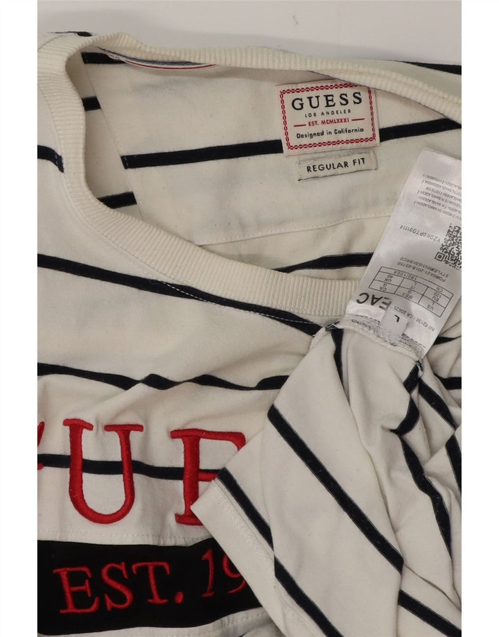 GUESS Mens Regular Fit Graphic T-Shirt Top Large White Striped Cotton