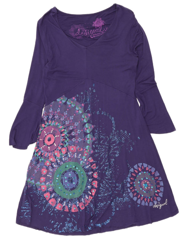 Desigual Damen Grafik-A-Linien-Kleid UK 12 Mittelviolett Geometrisch