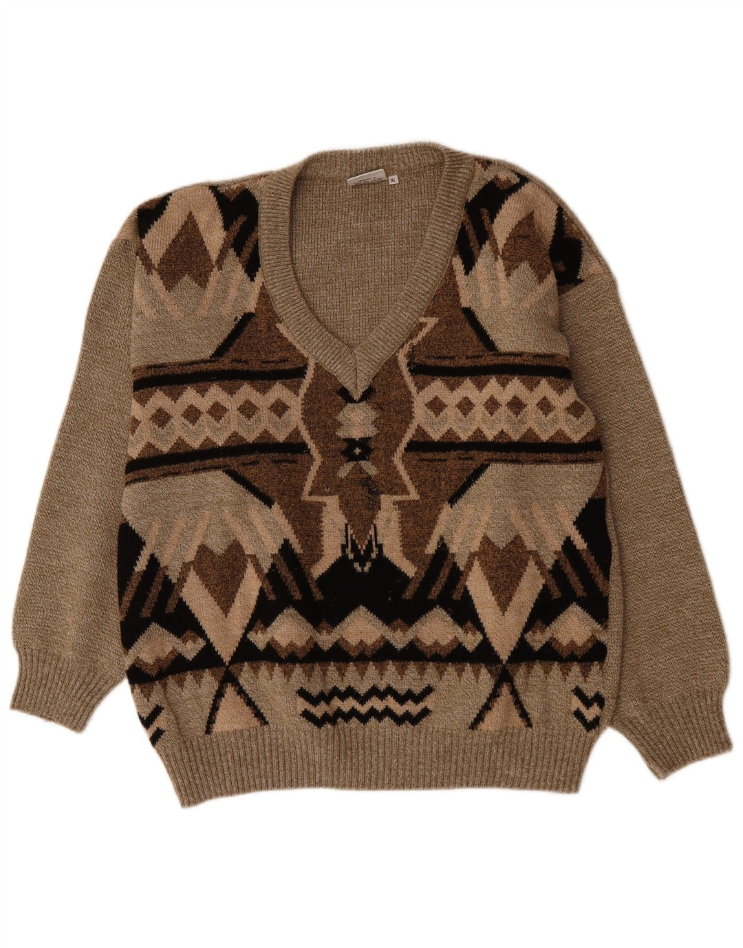 VINTAGE Herren Pullover mit V-Ausschnitt XL Braun Geometrisch