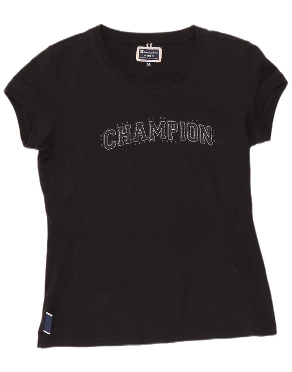 Champion Damen Grafik-T-Shirt-Oberteil UK 12 Medium Schwarz