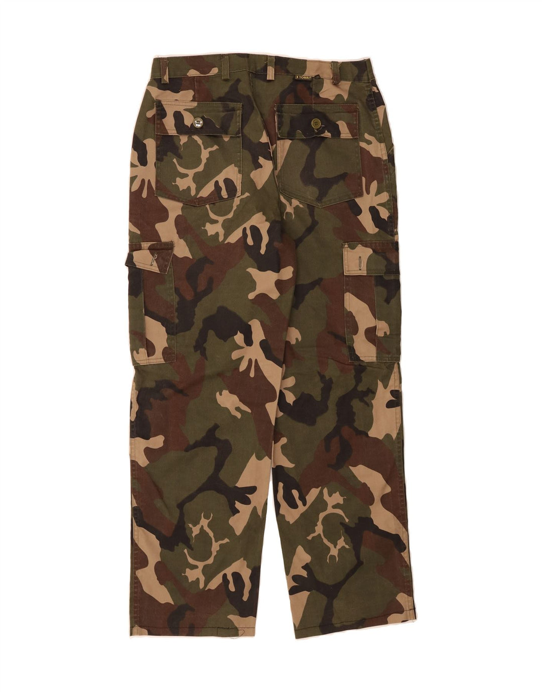 3 TORRI Mens Straight Cargo Trousers W32 L30 Khaki Camouflage Polyester Vintage 3 Torri and Second-Hand 3 Torri from Messina Hembry 