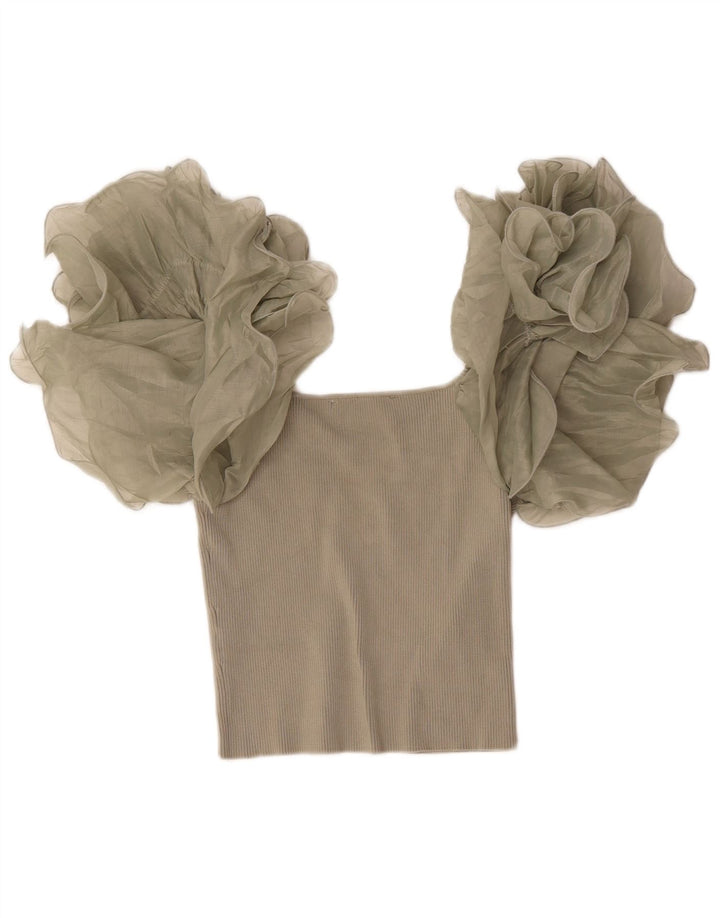 Zara Damen Crop Bluse Top UK 12 Mittelbeige Viskose