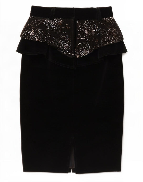 Vintage Damen Samt-Schößchenrock IT 44 Medium W26 Schwarze geblümte Wolle