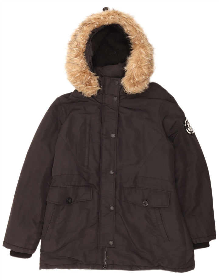 Superdry Damen-Parka mit Kapuze, übergroß, UK 16, Größe L, aus schwarzem Nylon