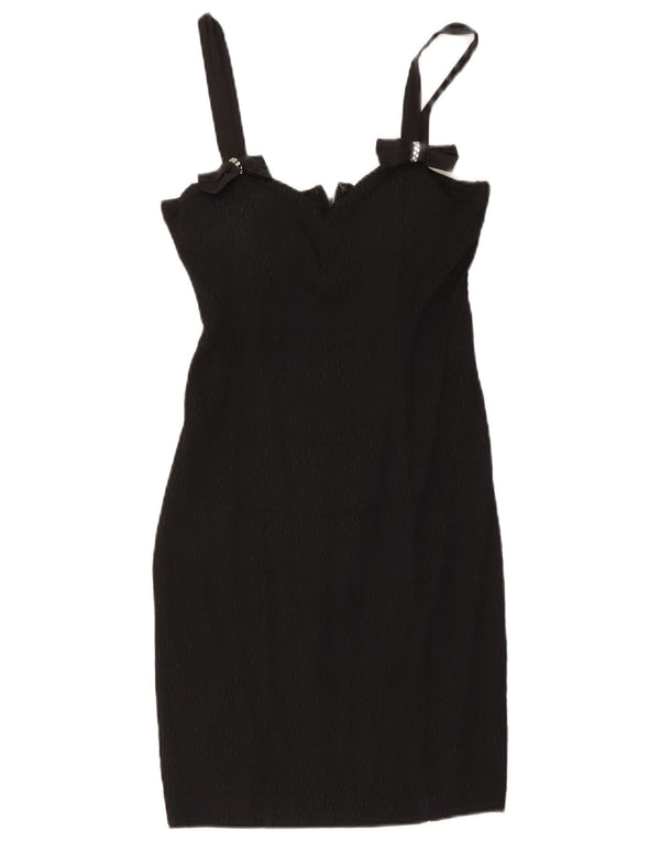 Vintage Damen Ärmelloses Mini-Etuikleid UK 12 Medium Schwarz gefleckt