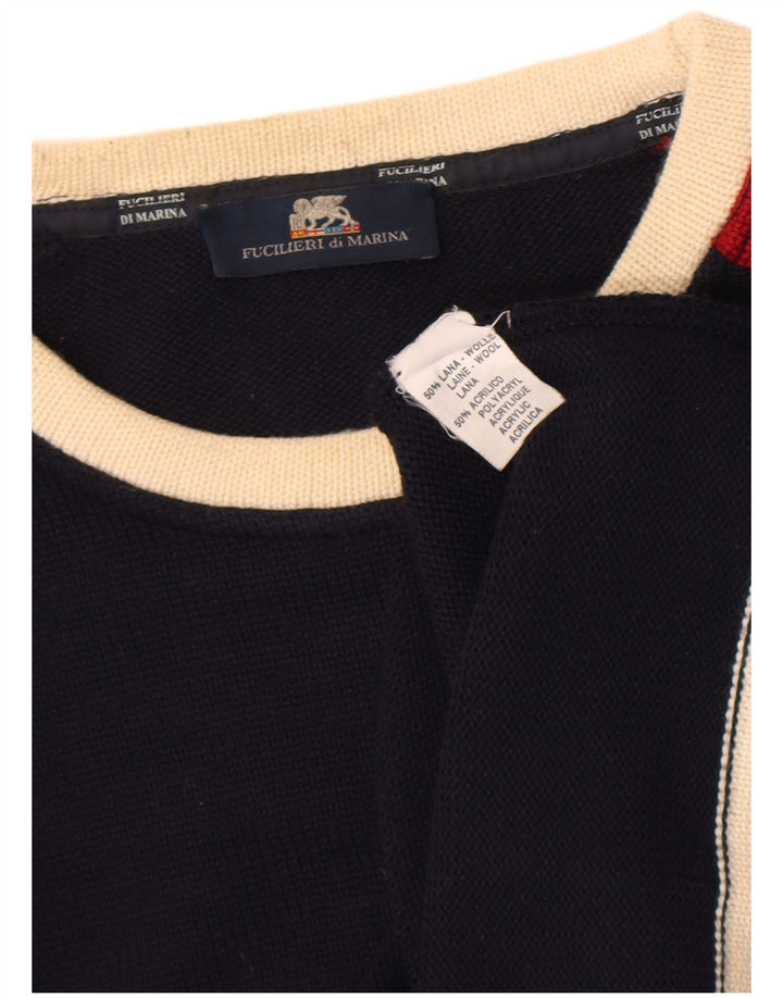 Vintage Herren-Pullover mit Rundhalsausschnitt, kleine marineblaue Colourblock-Wolle