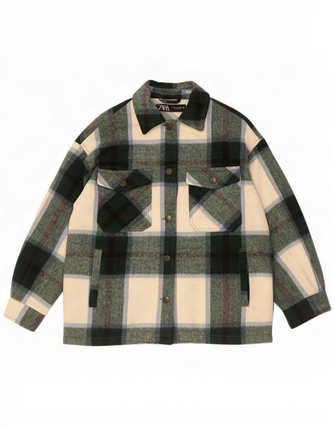 Übergroße Utility-Jacke von Zara für Damen, UK 6, XS, grün kariert, Acryl