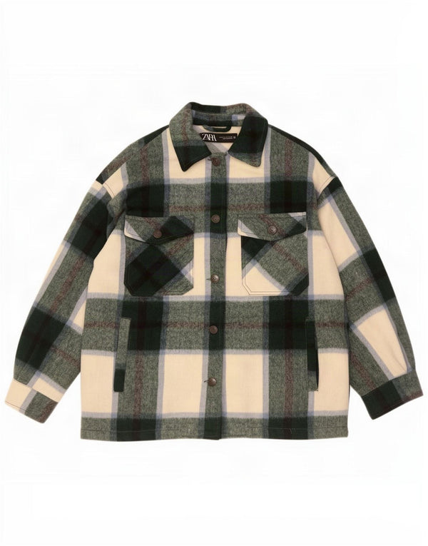 Zara Womens Oversized Utility Jacket UK 6 XS Green Check Acrylic