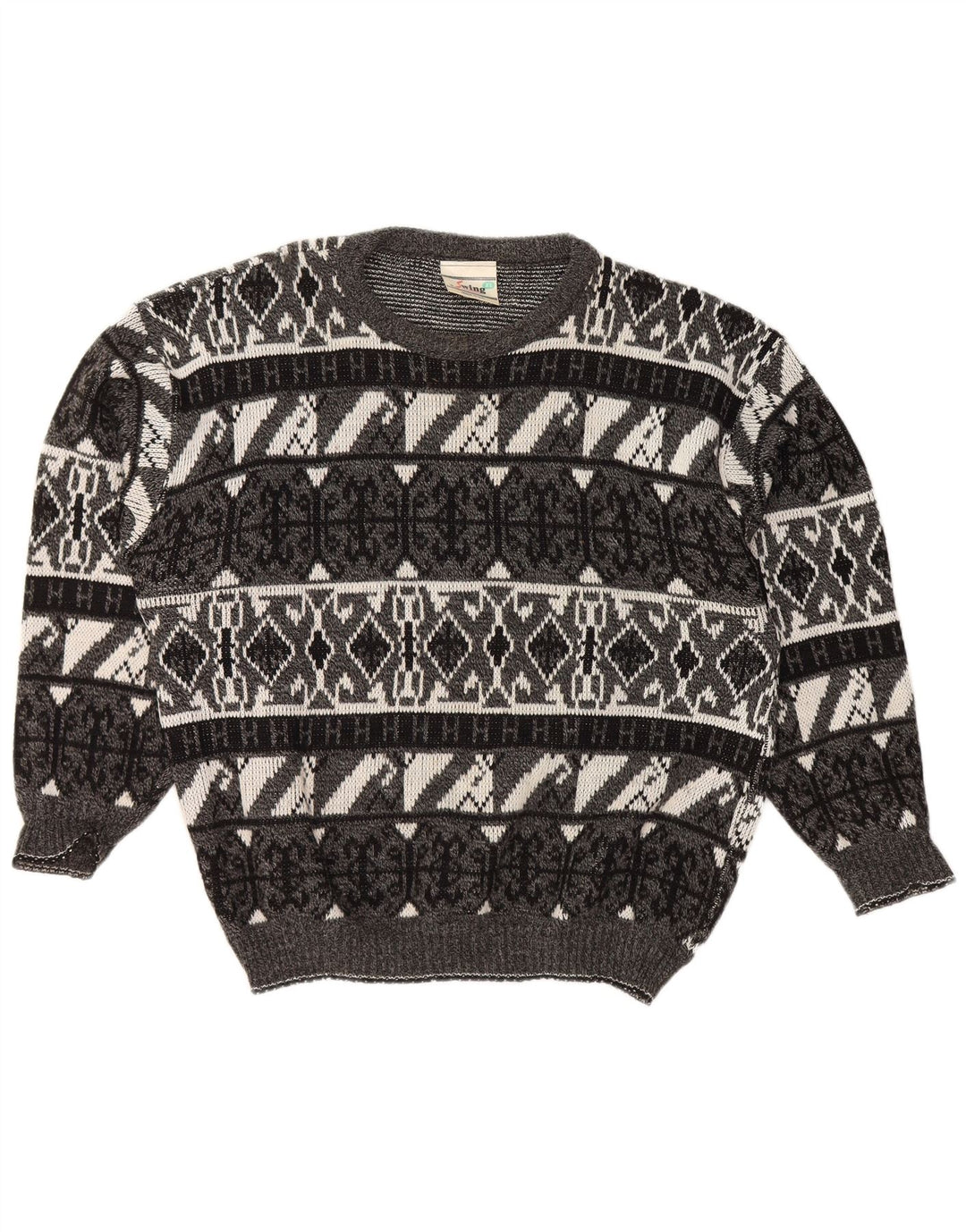 VINTAGE Herren-Pullover mit U-Boot-Ausschnitt, XL, grau, geometrisches Acryl