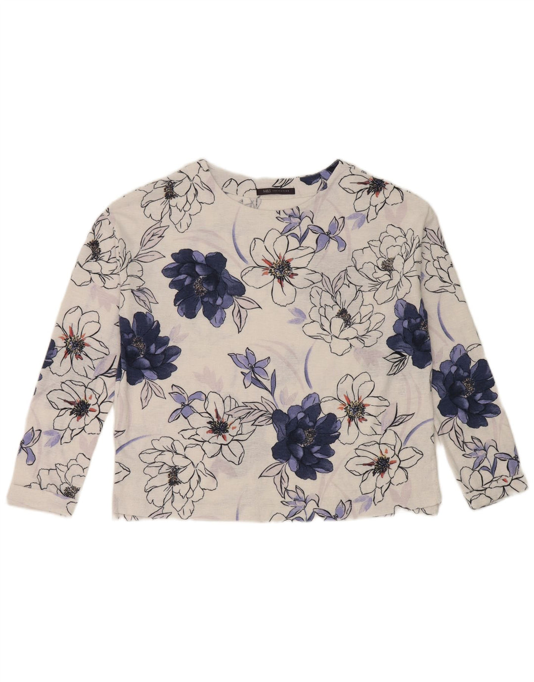 Marks & Spencer Damen-Oversize-Oberteil, langärmlig, Größe S, Weiß, Blumenmuster