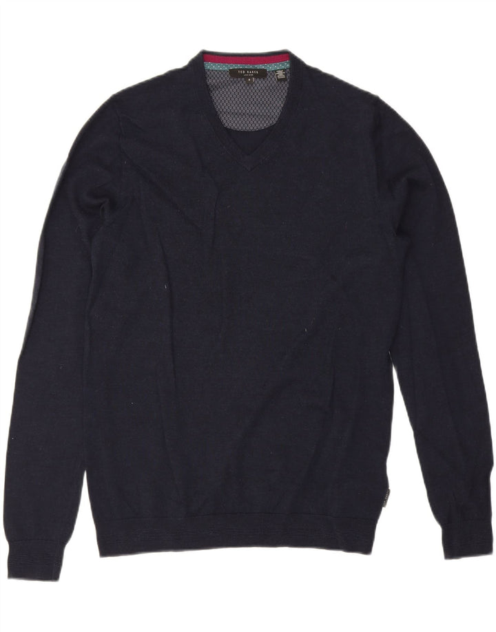 TED BAKER Herren-Pullover mit V-Ausschnitt, Größe 3, mittelmarineblaue Merinowolle