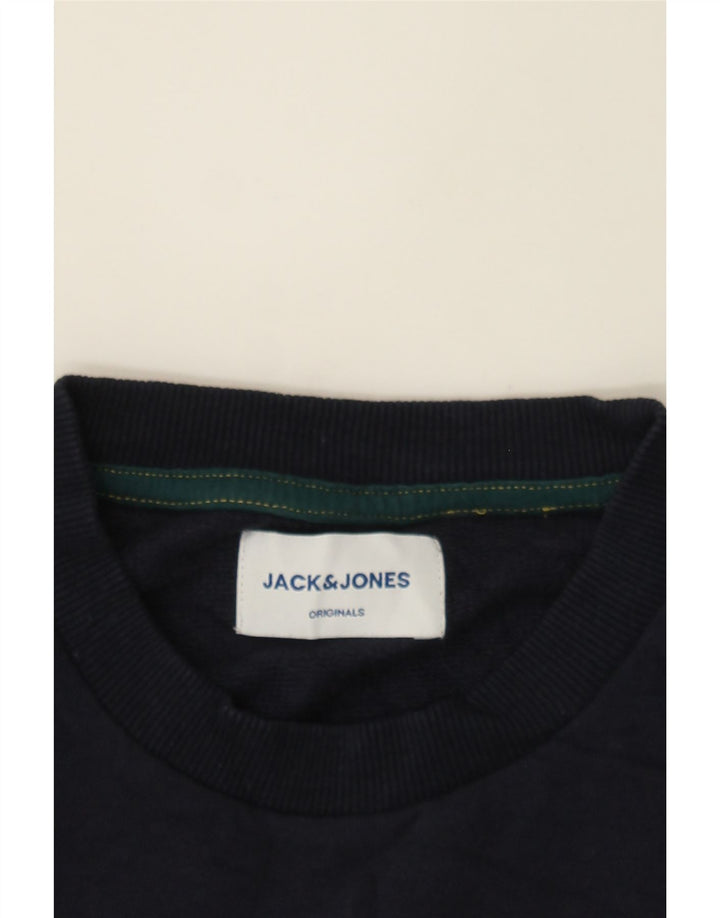 JACK & JONES Mens Graphic Sweatshirt Jumper Medium Navy Blue Cotton Vintage Jack & Jones and Second-Hand Jack & Jones from Messina Hembry 