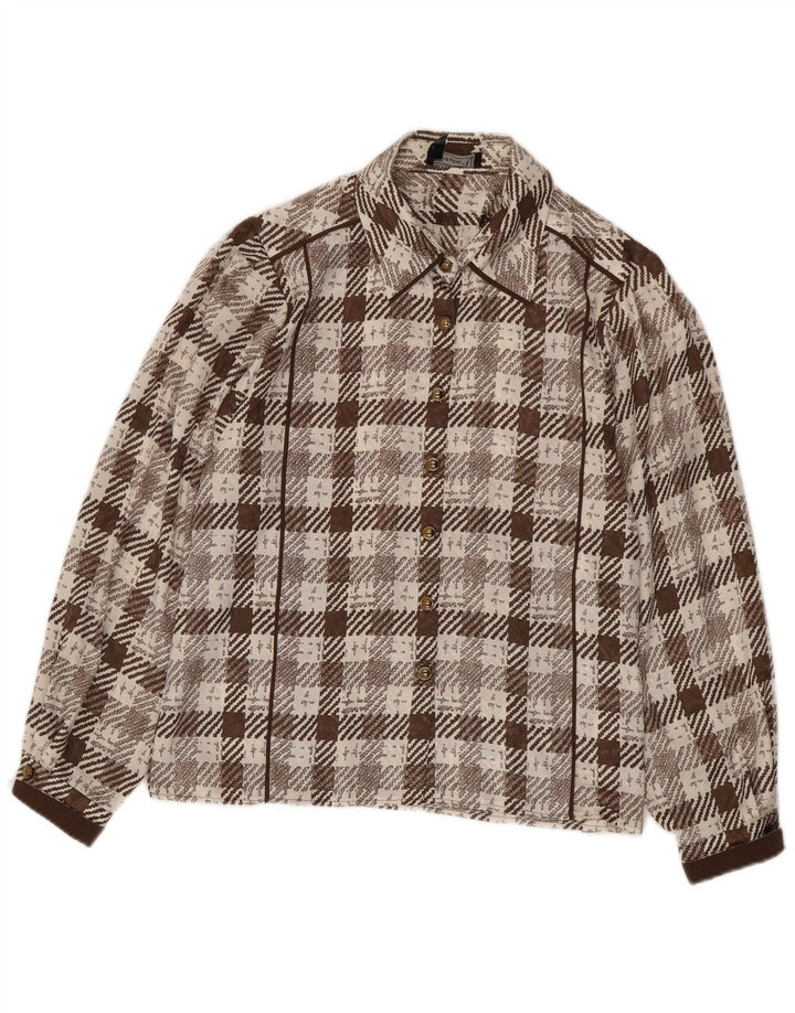 Vintage Damen-Hemd mit normaler Passform, UK 16, großes braunes Hahnentrittmuster im Retro-Stil