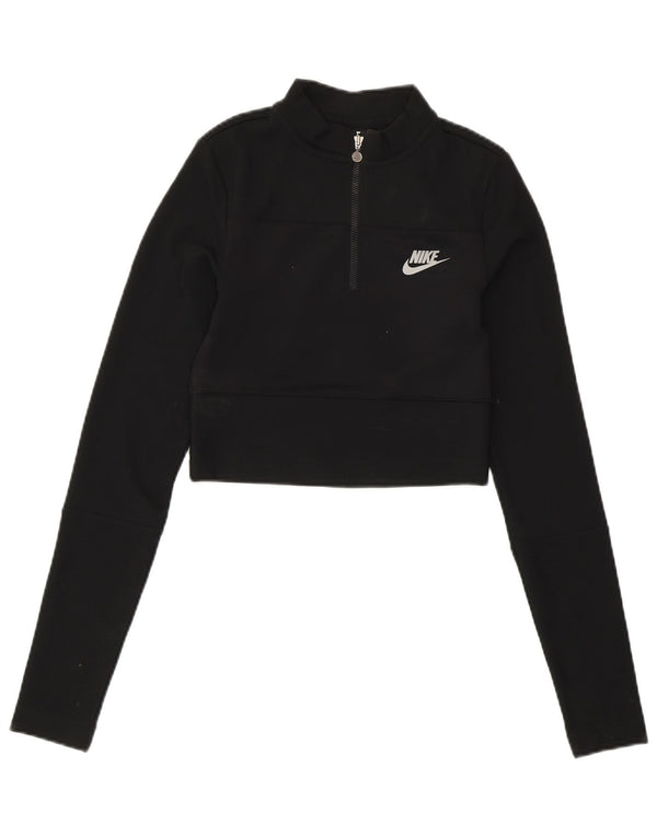 NIKE Damen Crop Zip Neck Sweatshirt Pullover UK 4 XS Schwarz Polyester