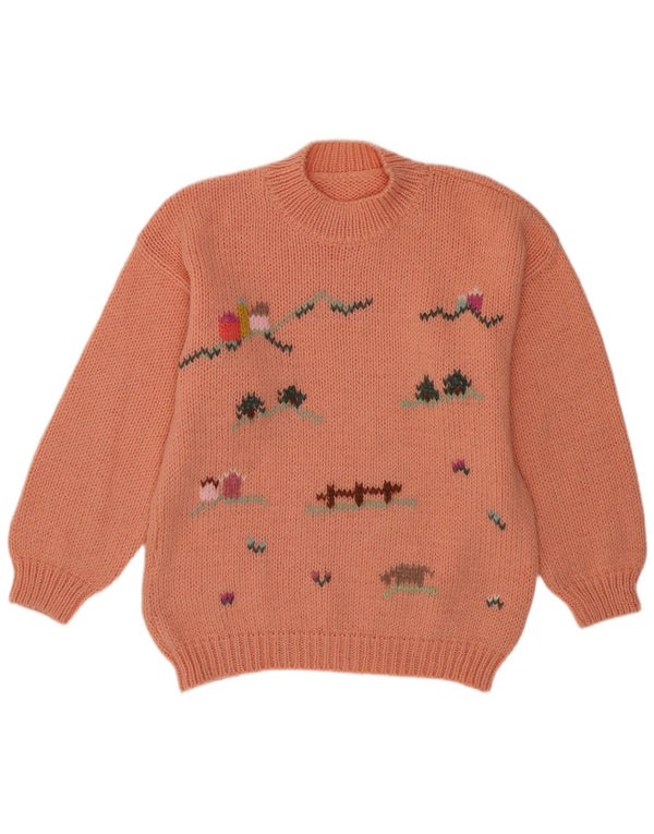 Vintage Damen Pullover mit grafischem Rundhalsausschnitt, UK 14, große rosa Neuheit