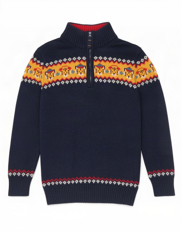 Fat Face Jungen-Pullover mit Reißverschluss am Hals, 6–7 Jahre, Marineblau, Fair-Isle-Baumwolle