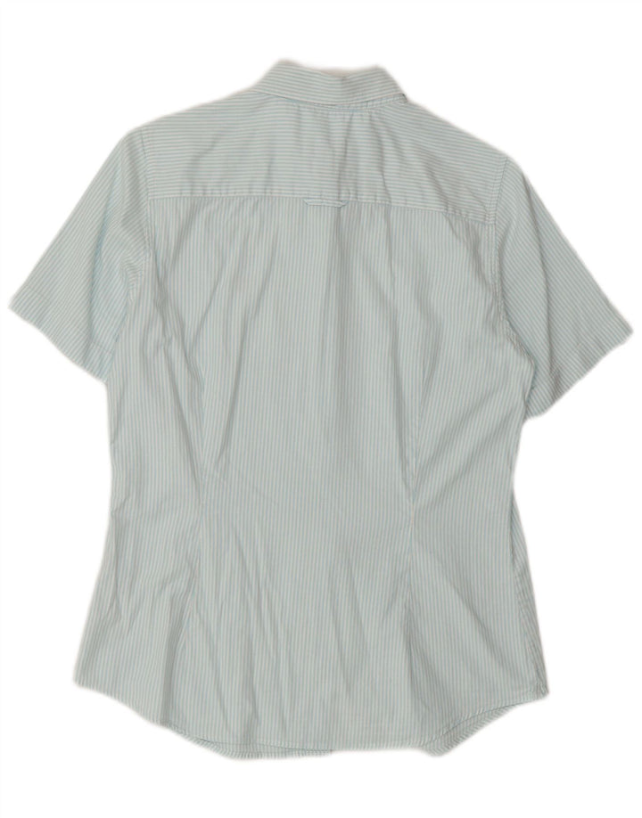 GANT Damen Kurzarmhemd UK 12 Mittelblaue Nadelstreifen-Baumwolle