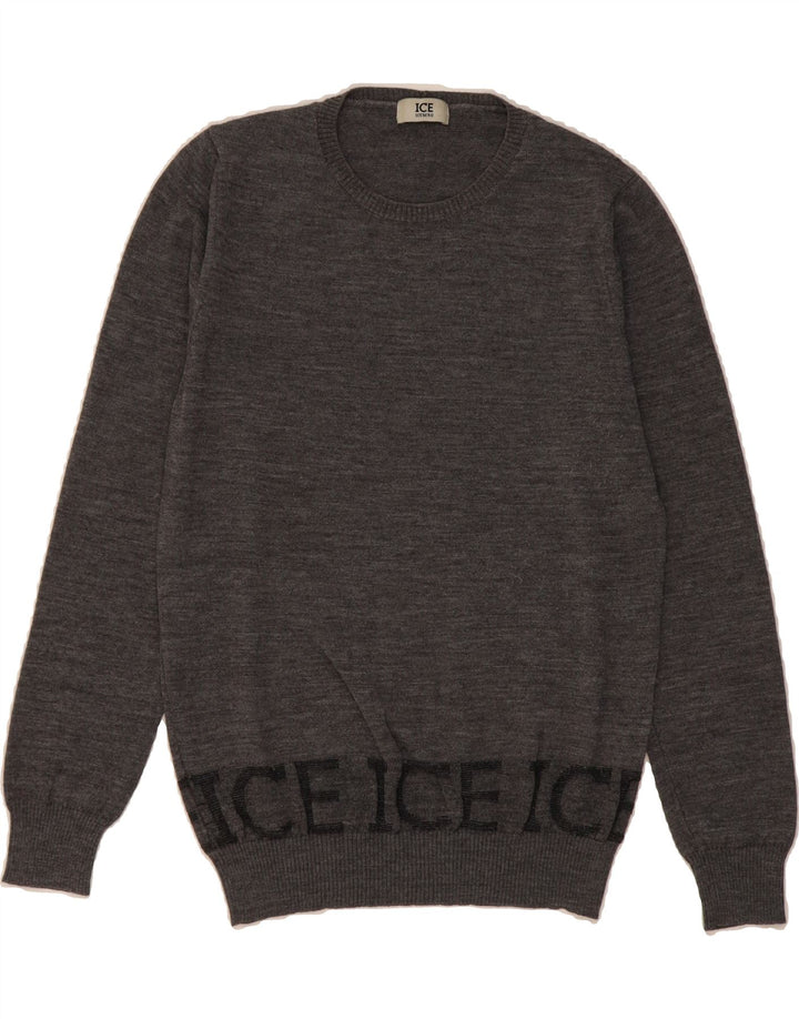 ICEBERG Womens Graphic Crew Neck Jumper Sweater UK 16 Large Grey Wool Vintage Iceberg and Second-Hand Iceberg from Messina Hembry 