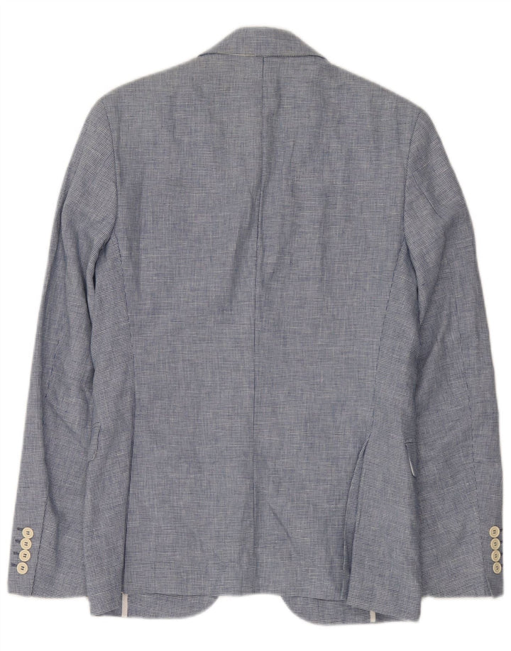 Zara Herren-Blazer mit 2 Knöpfen, EU 46, kleines blaues Hahnentritt-Leinen