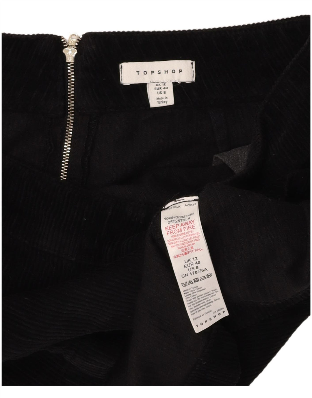 TOPSHOP Damen Cord-Minirock UK 12 Medium W28 Schwarze Baumwolle