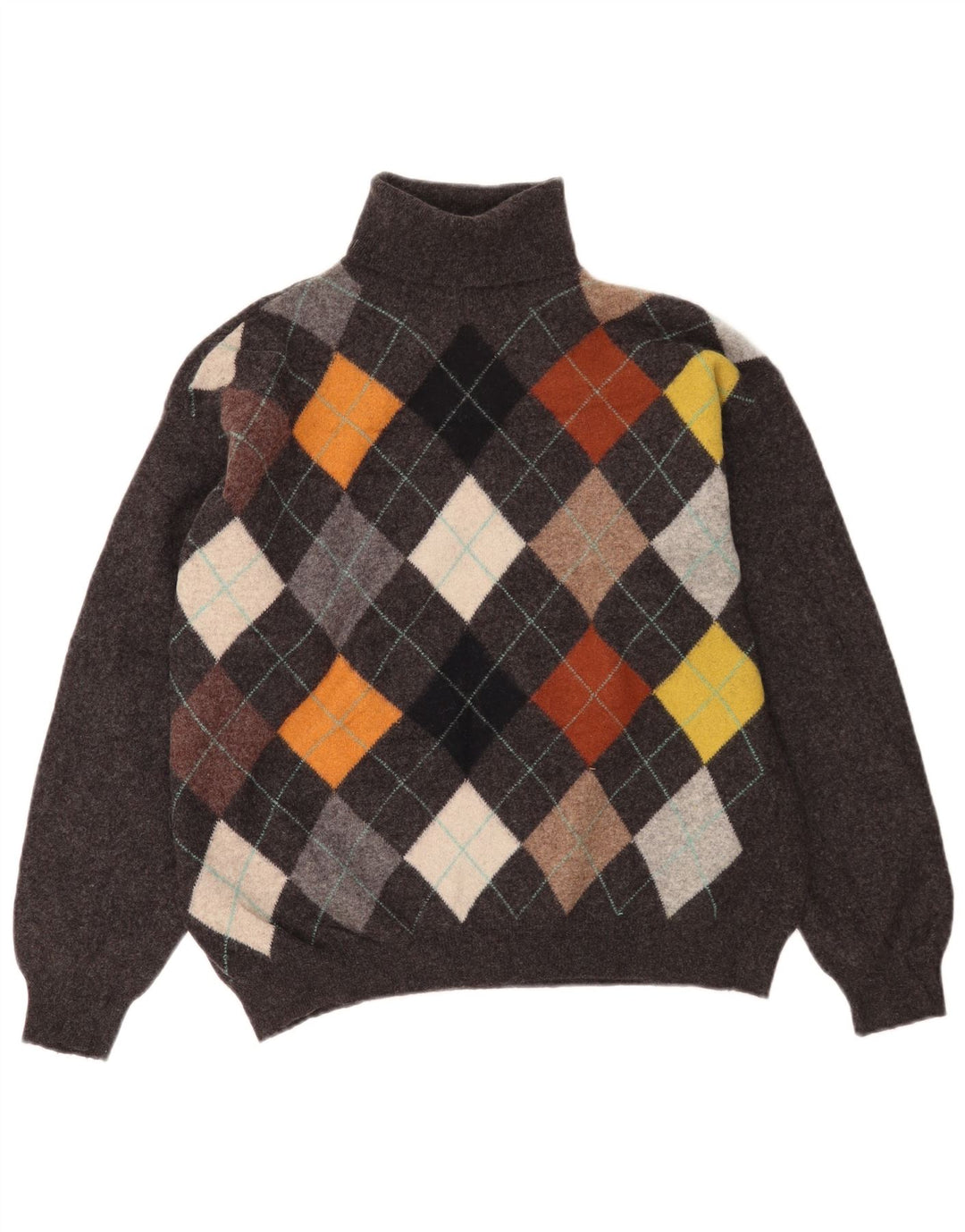 Benetton Herren Rollkragenpullover IT 52 Large Grau Argyle/Diamond Wool