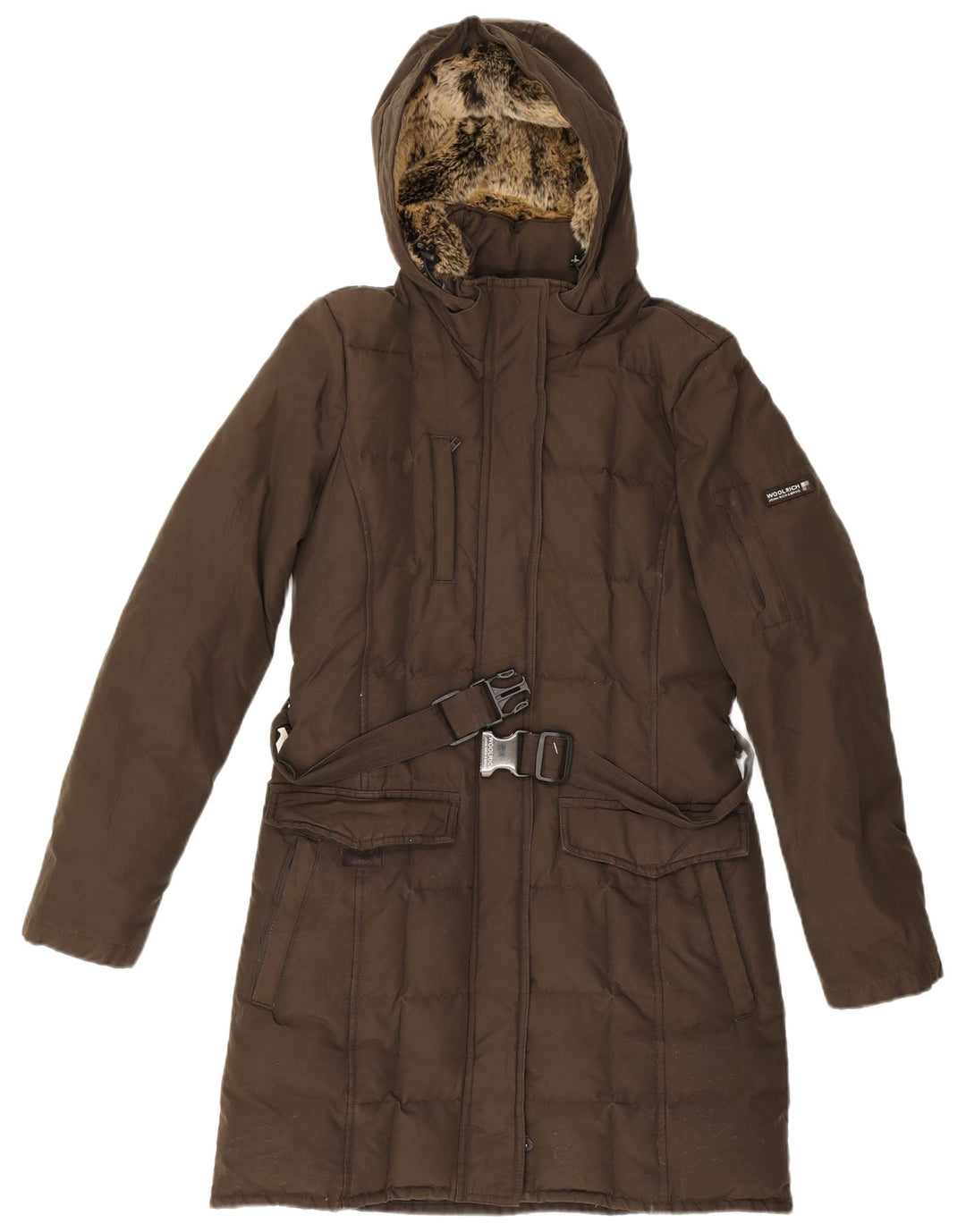Woolrich Wattierter Damenmantel mit Kapuze, UK 12, mittlere Khaki-Baumwolle