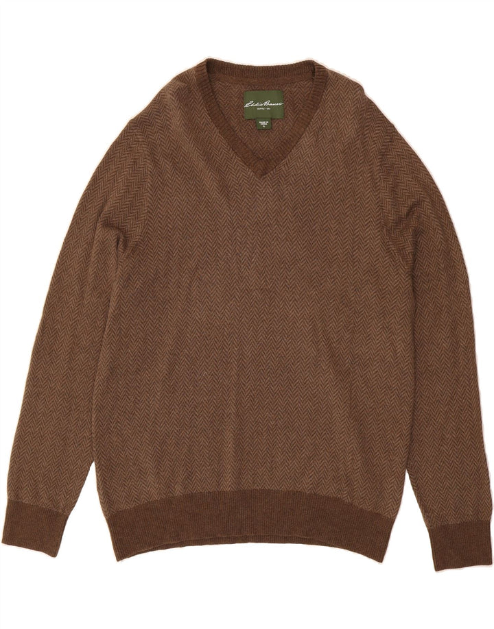 EDDIE BAUER Mens V-Neck Jumper Sweater XL Brown Herringbone Cotton Vintage Eddie Bauer and Second-Hand Eddie Bauer from Messina Hembry 
