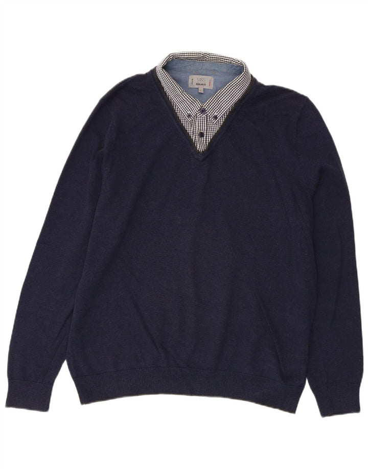 MARKS & SPENCER Herren-Pullover mit V-Ausschnitt, groß, marineblau kariert