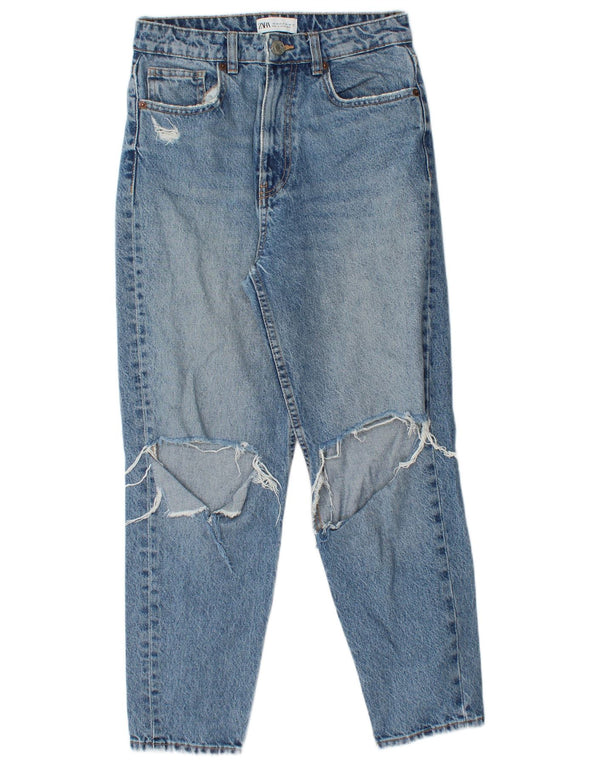 Zara Damen Distressed Crop Tapered Jeans EU 38 Small W28 L25 Blaue Baumwolle